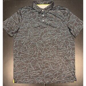 Obla Performance Golf Polo Men's Large Black Blue Geometric Allover Print Shirt